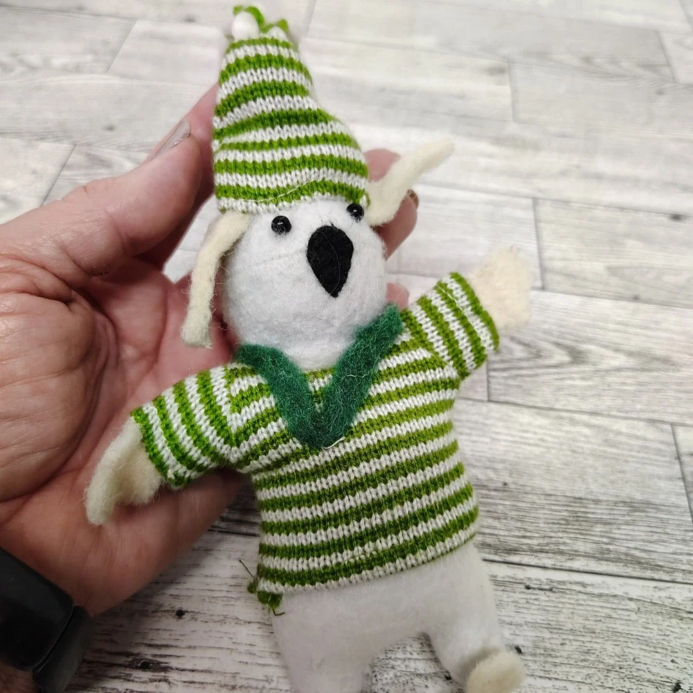 Dog Christmas Ornament‎ Green Striped Sweater Hat Holiday Decor Cute Puppy